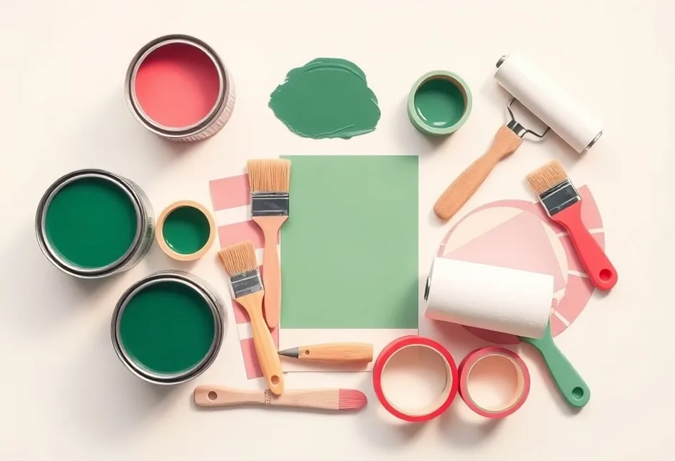 Pots de peinture, nuancier, brosses et rouleaux disposés à plat