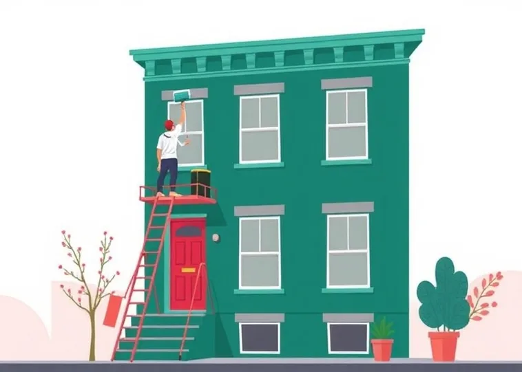Peintre sur échafaudage traitant la façade d'une maison