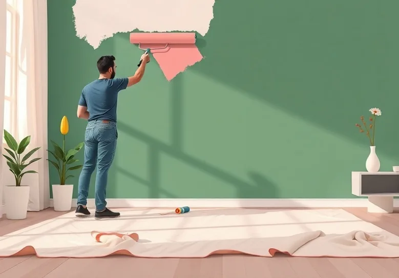 Peintre appliquant la peinture au rouleau sur un mur de salon